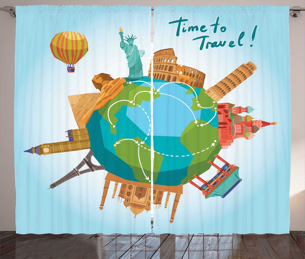 ABAKUHAUS Reise Rustikaler Gardine, Welt Sehenswürdigkeiten rund um Globus, Wohnzimmer Universalband Gardinen mit Schlaufen und Haken, 280 x 225 c...