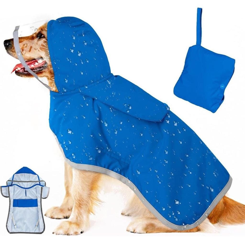 INF Verstellbarer wasserdichter Hunde Regenmantel mit Kapuze für Kleine bis Große Hunde Blau L