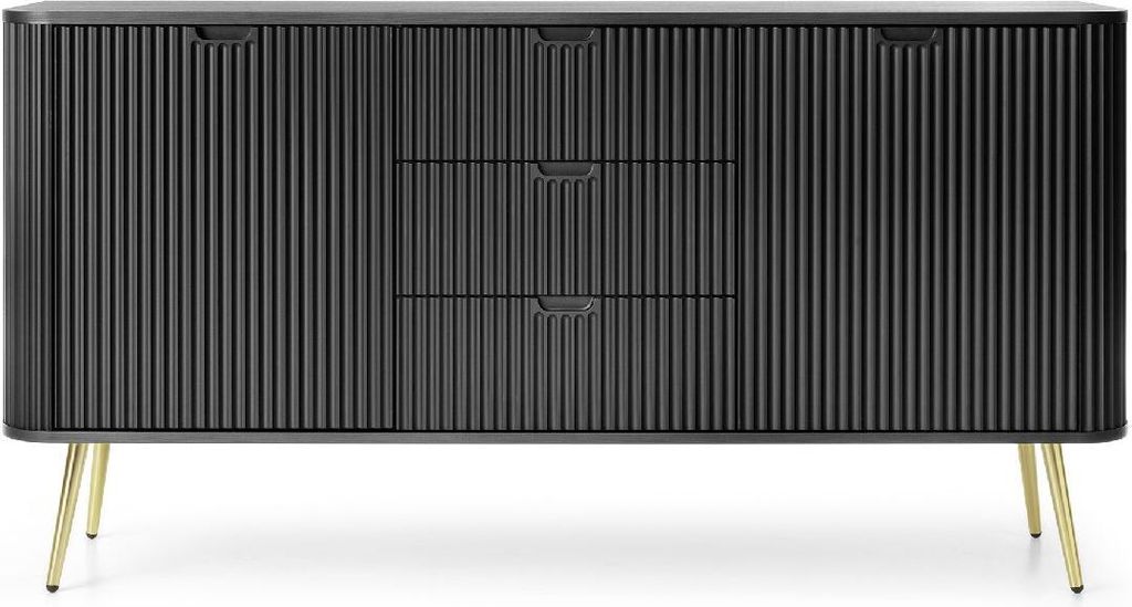 Kommode ZOVA KSZ168 cm mit runden Ecken mit geriffelte Fronte mit 3 Schubladen mit 2 Türen Sideboard Schwarz mit goldene Füße