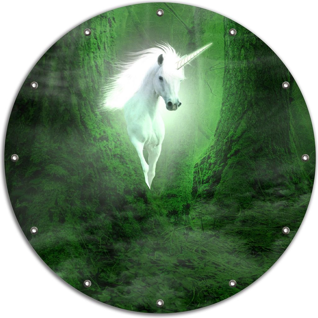 Wallario rundes Outdoor-Poster für Garten oder Balkon, Motiv Weißes Einhorn im grünen Wald, 90 cm Durchmesser