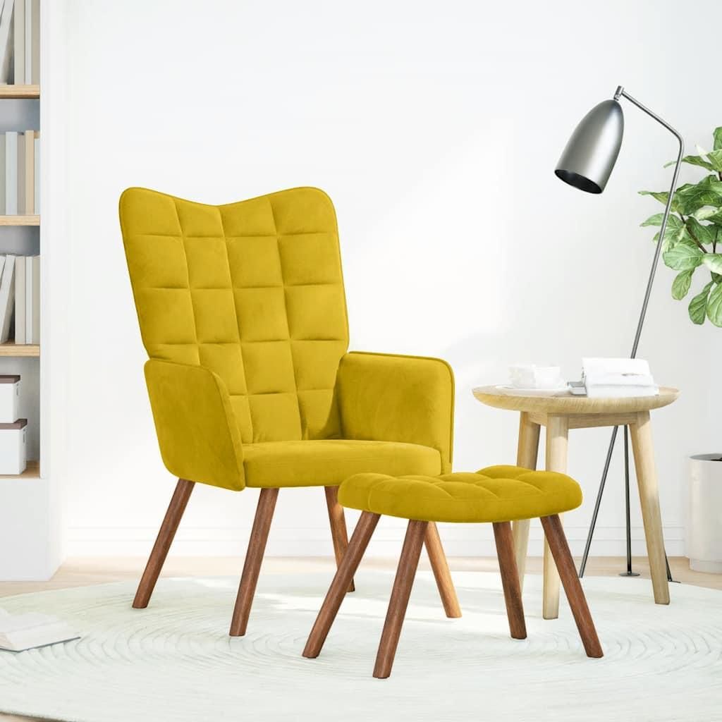 A yellow velvet armchair and ottoman are shown in a well-lit room with a bookshelf and a floor lamp.