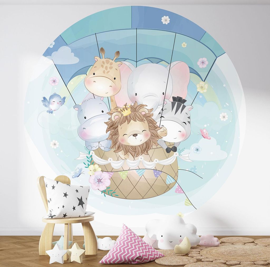 Runde Tapete / Kreis Kinder - Lumaléa - Hei?luftballon Tiere - Standardpapier 170 g abwaschbar - Durchmesser 130 cm