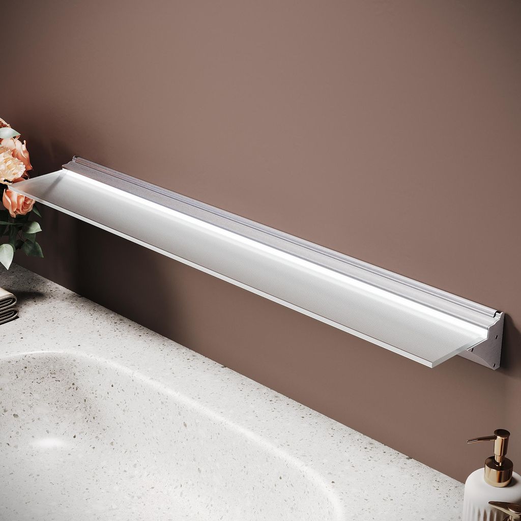 Sonni Wandregal für Badezimmer mit Ablagefläche 13 x 80 cm, silberfarben, Handbewegungs-Sensorschalter, 8 mm starkes Hartglas