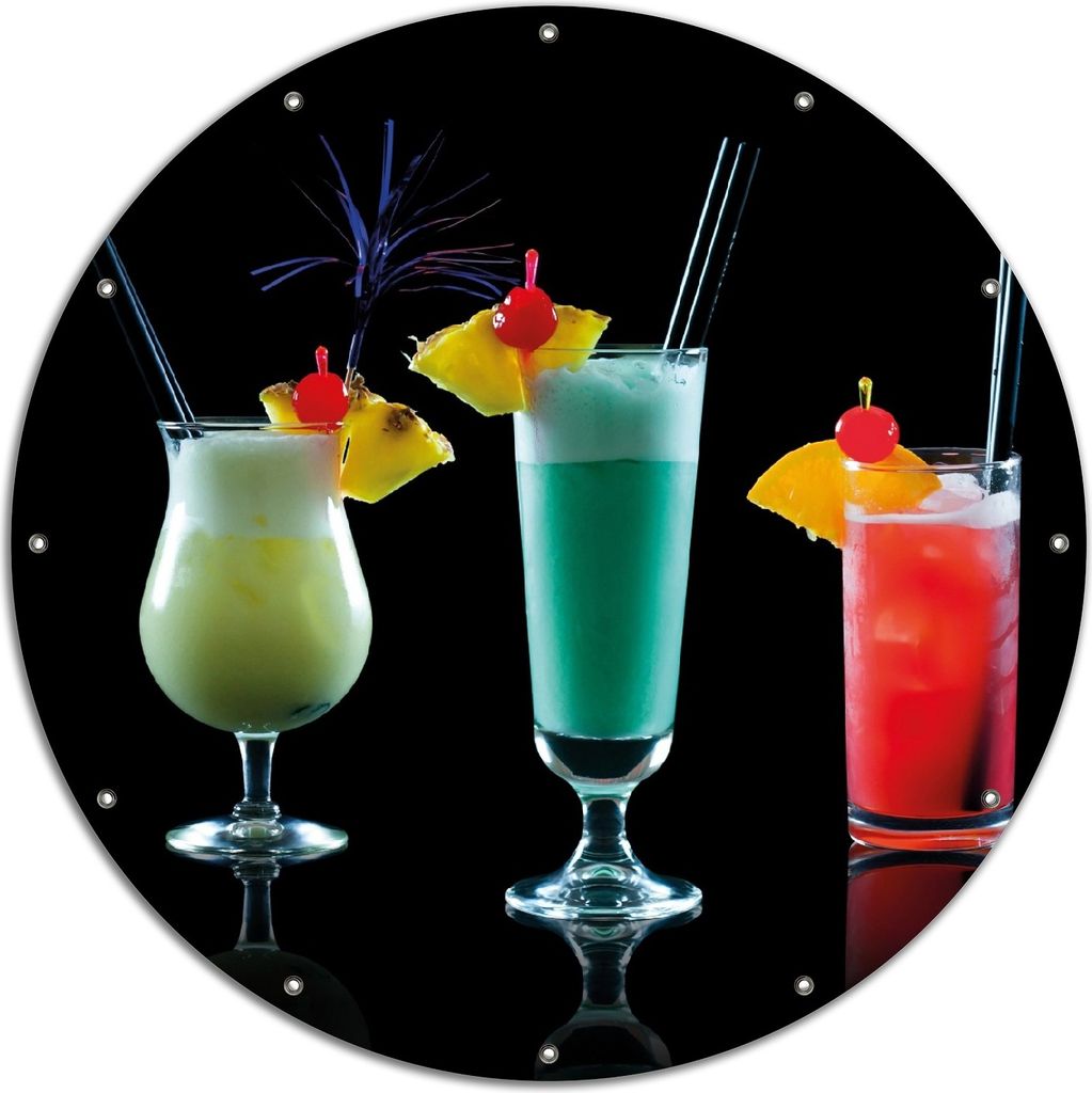 Wallario rundes Outdoor-Poster für Garten oder Balkon, Motiv Bunte Cocktails vor schwarzem Hintergrund, 120 cm Durchmesser