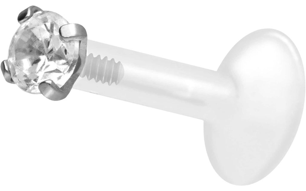 Ohrpiercing, Nasenpiercing PTFE Labret mit Innengewinde + Titan-Aufsatz EINGEFASSTER KRISTALL Silber Stablänge: 7mm | Stabstärke: 1,6mm | Kristal...