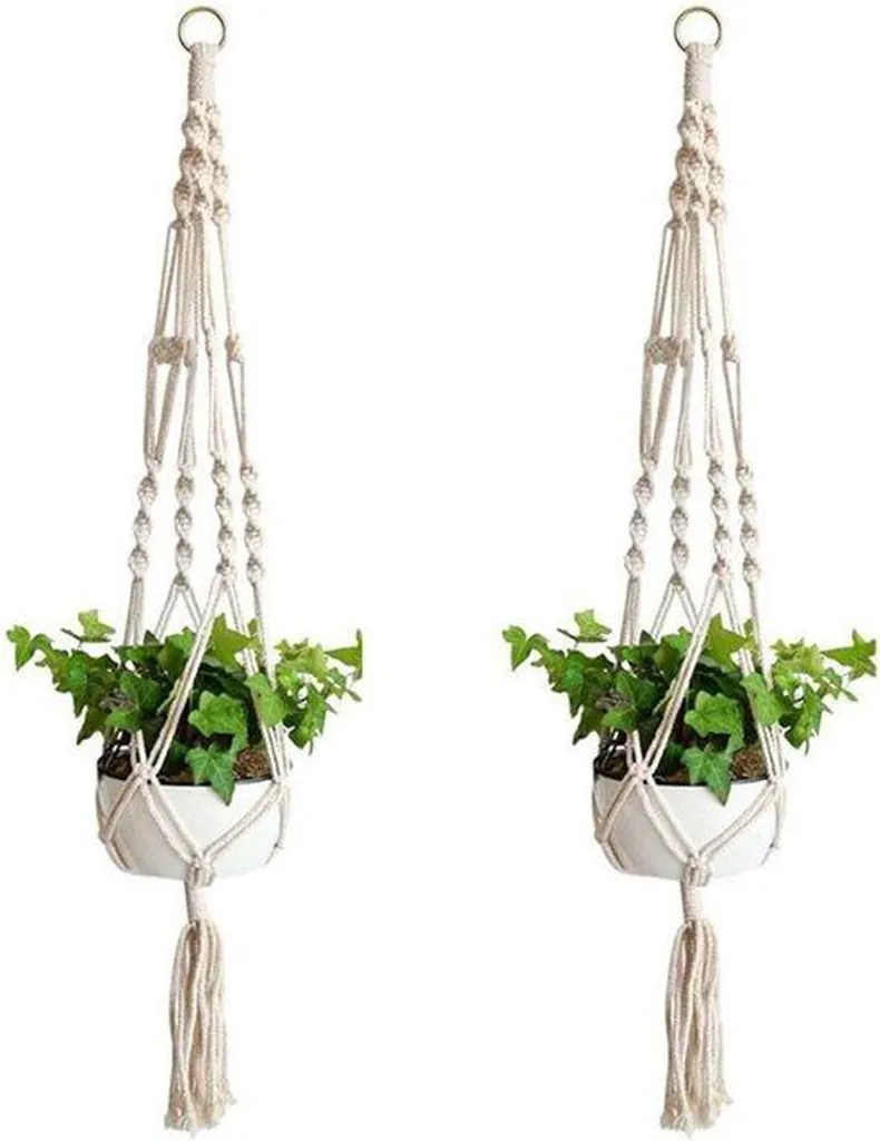 Jardinière macramé 4 pieds en coton résistant pour décor de terrasse