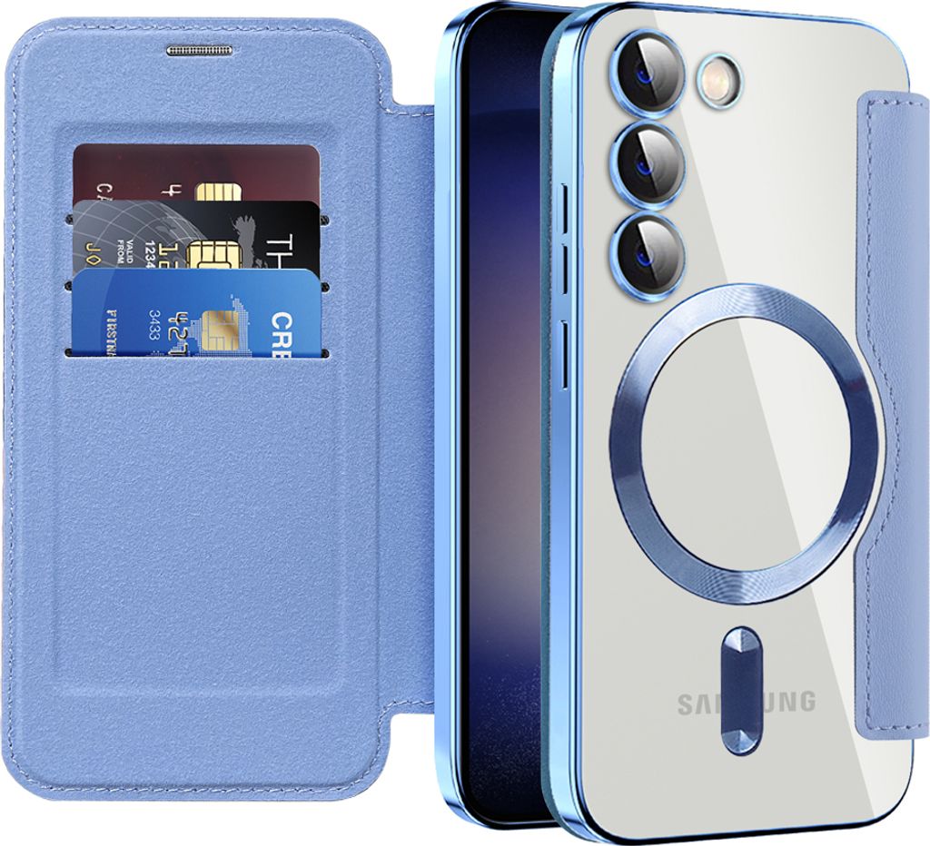 Klapphülle für Samsung Galaxy S23+ Kompatibel mit Magsafe, Klar Überzug Kartenhalter Ledertasche mit Kameraschutz Hellblau