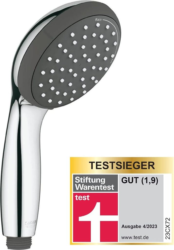 A chrome and gray hand shower with a test winner badge.
