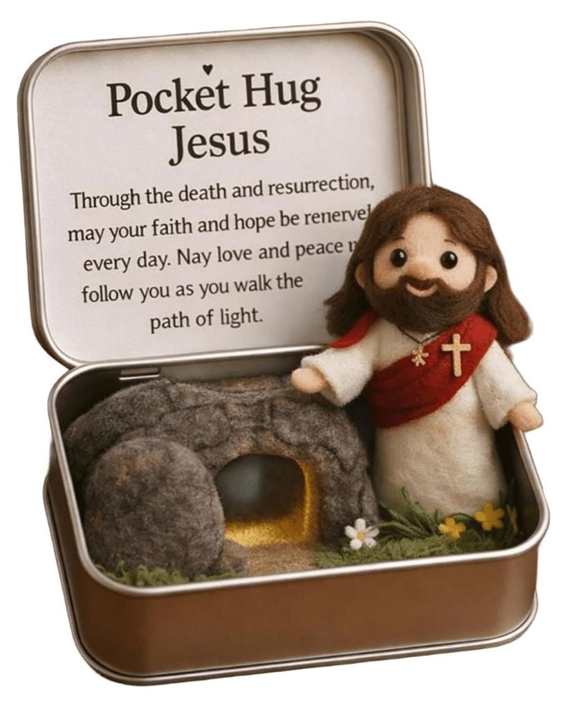 Ostergeschenkbox mit Filzfiguren (Jesus, Hase, Schaf, Küken, Schmetterling, Stein) und Karte – Inspirierendes Geschenk für Kolleginnen und Freu...