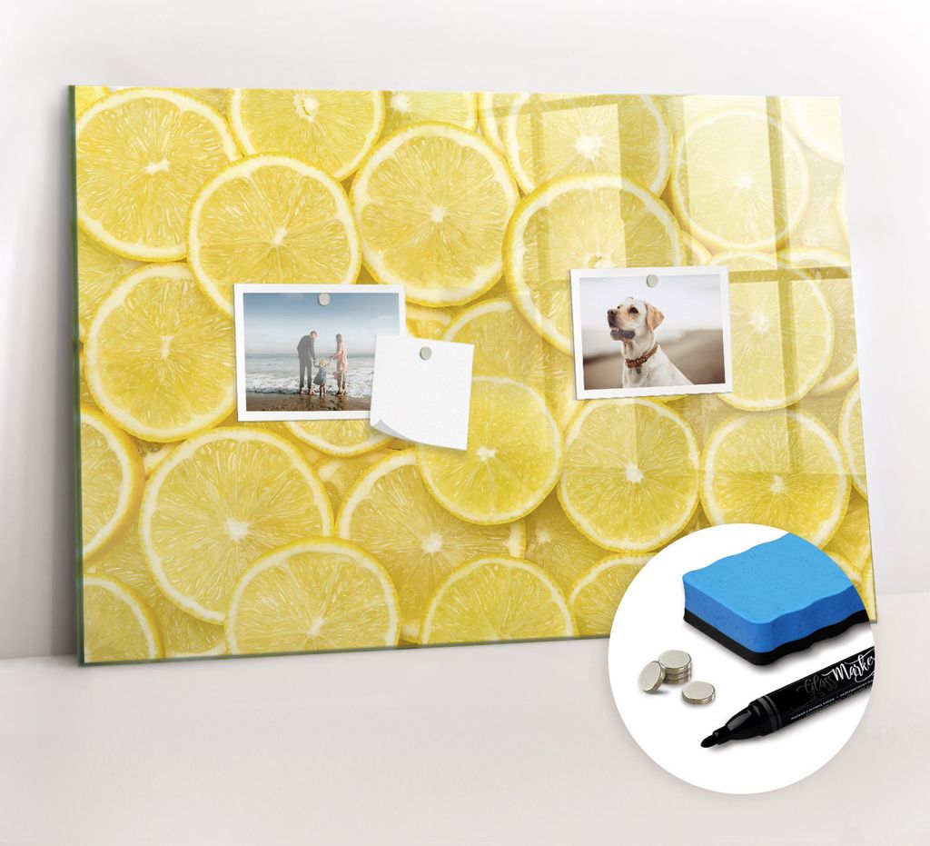 Magnetpinnwand Memoboard - Zubehörsatz - Schwarzer Marker + Schwamm + Magnete - 60 x 40 cm - Zitronenscheiben