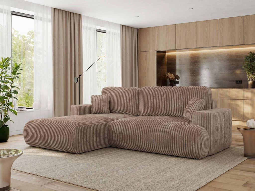 MKS MEBLE Ecksofa OVO mit Schlaffunktion und Bettkasten, Braun Cord, L-form Couch, 4-Sitzer Ecksofa, 271x195x95 cm - Links Seite