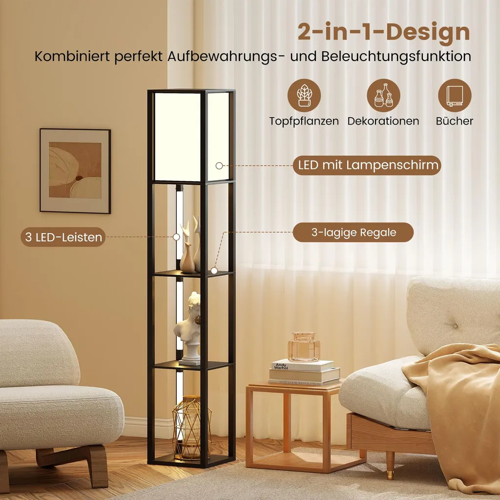 Lampe sur pied étagère moderne en bois avec éclairage LED variable - 4