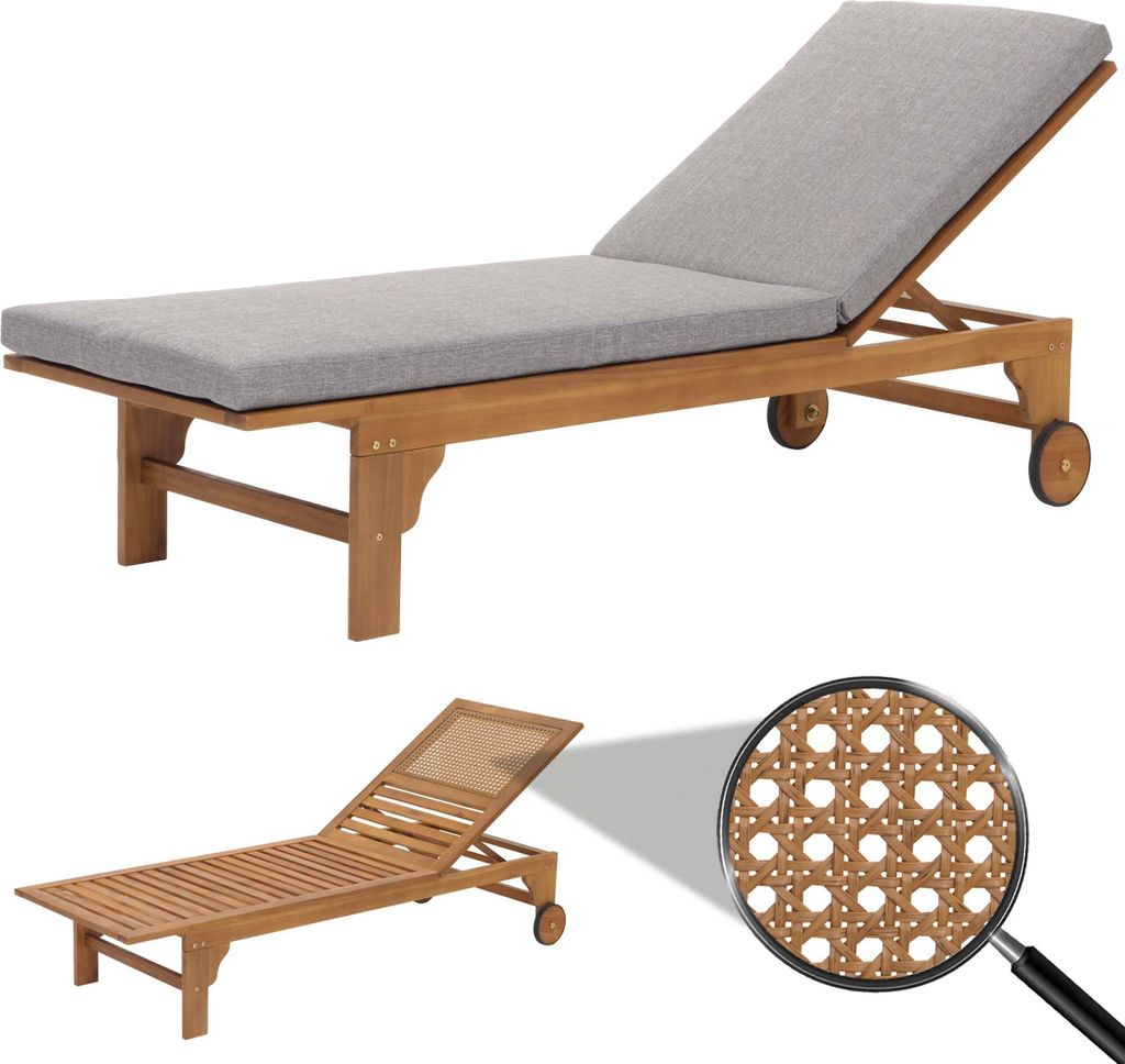 Sonnenliege MCW-N48, Gartenliege Relaxliege Liegestuhl, Massiv-Holz Akazie MVG- Kissen grau