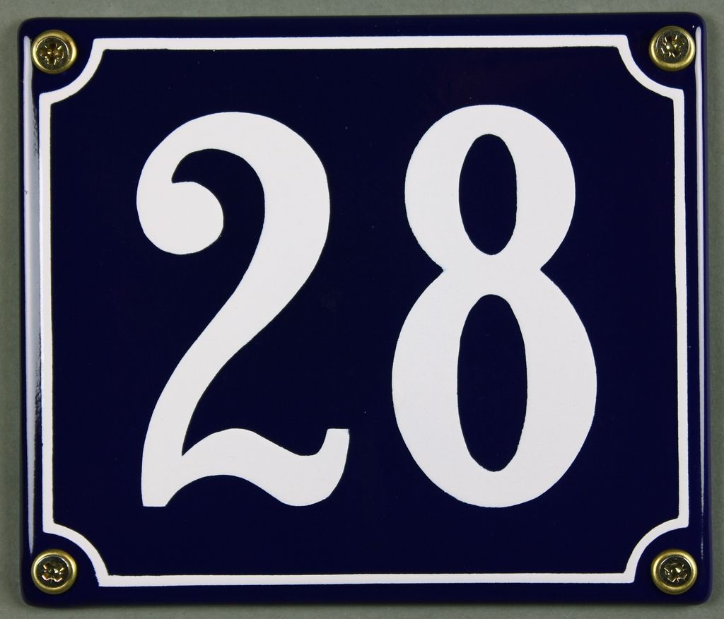 Hausnummernschild Emaille 28 blau - weiß 12x14 cm  Schild Produktbild 