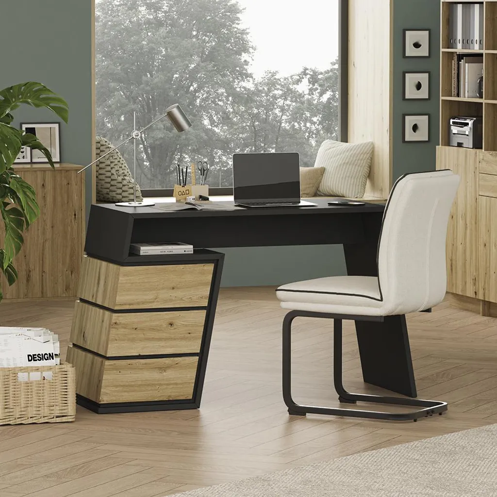 Bureau design 3 tiroirs Vicco Okaro anthracite et bois de chêne 105x50 cm