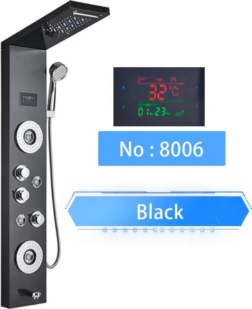 LED-Duschpaneel, digitales Temperaturdisplay, wandmontierte Installation, Schwarz 8006