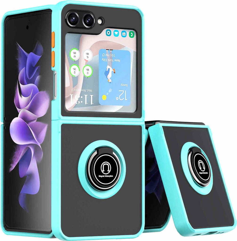 Für Samsung Galaxy Z Flip5 5G TPU / PC Design Ring Magnet Cover Handy Tasche Hülle Hellblau Etuis Neu