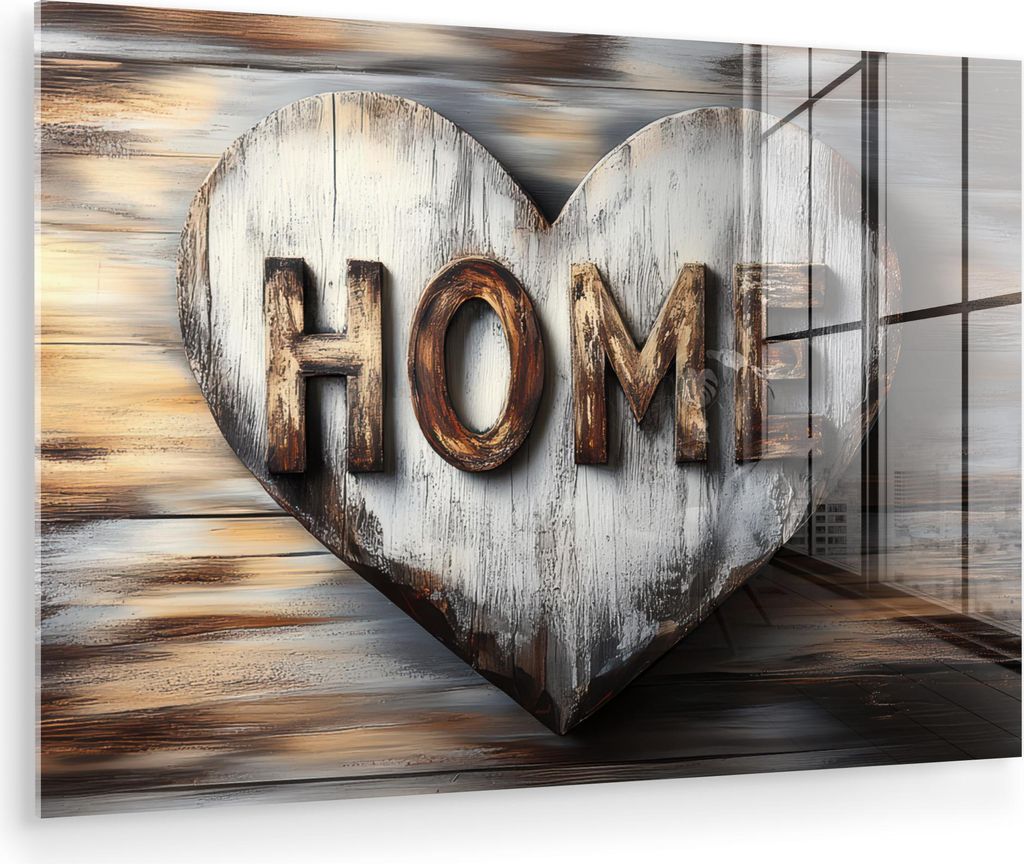 MuchoWow Glasbilder - Bilder auf Wandbild - Foto auf Glas Zuhause - Herz - Holzoptik - Liebe 120x80 cm Wanddekoration aus Glas - Acrylglasbild - Ac...