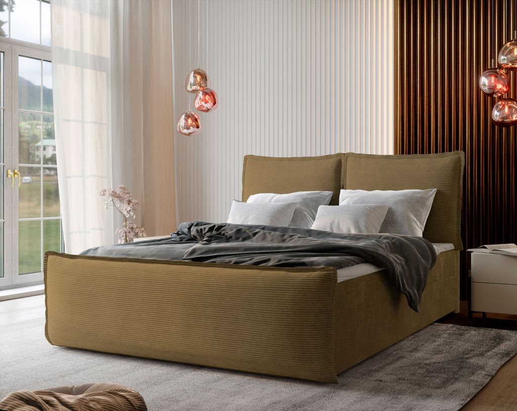 Masseno Boxspringbett MONTA 140x200 cm Komplett-Set mit Bonell Matratze und Topper, Polsterbett mit Bettkästen -Gelb, LINCOLN 48