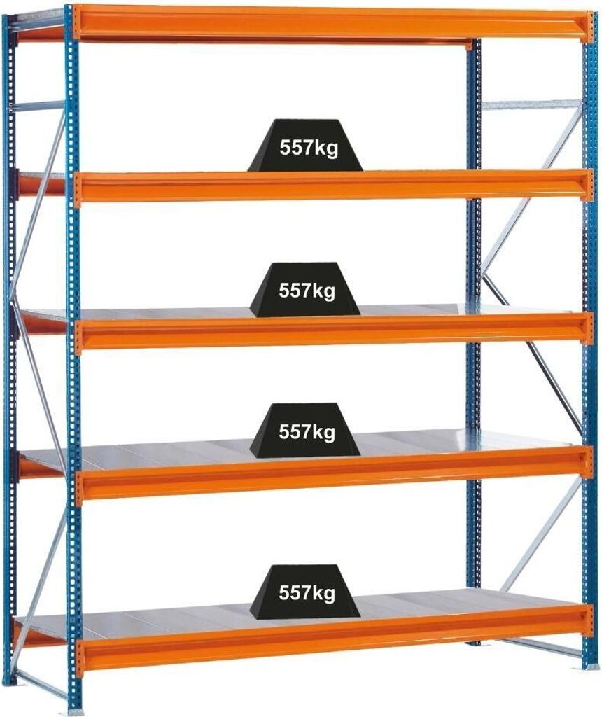 Schulte Weitspannregal mit Stahlpaneelen W 100 | Grundregal | HxBxT 300x178,5x120cm | 5 Ebenen | Fachlast 557 kg | Blau/Orange/Verzinkt