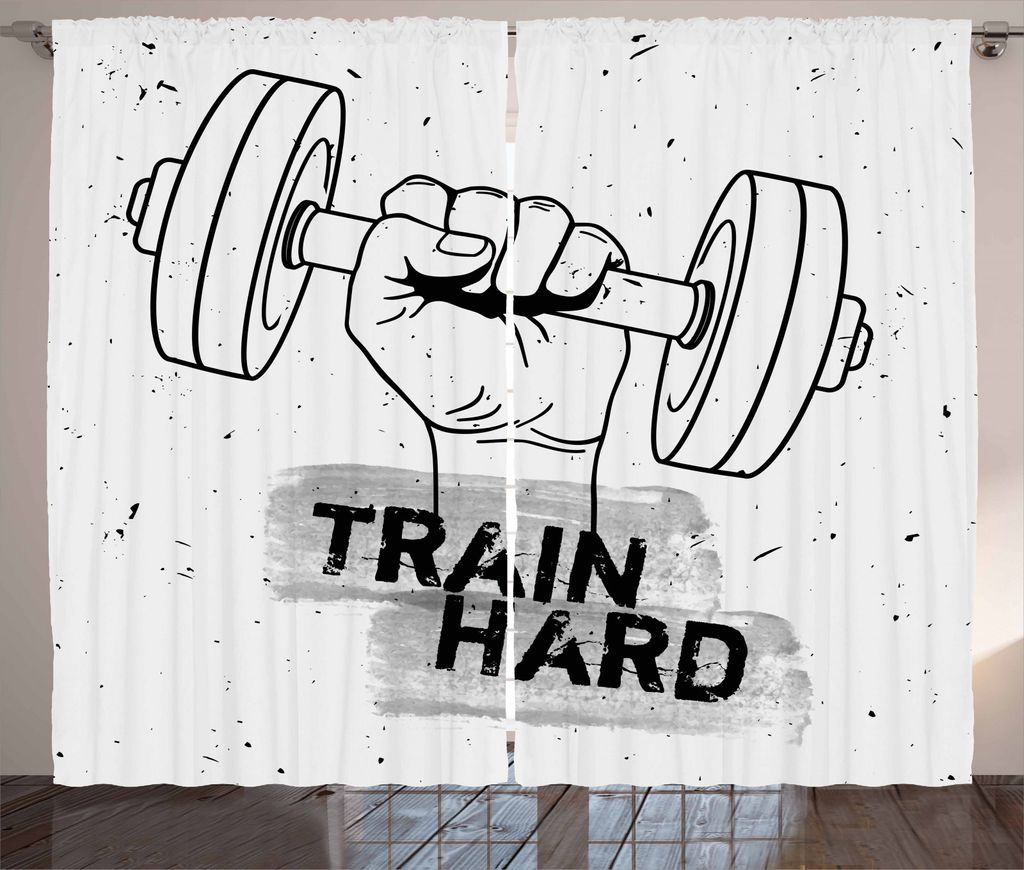 ABAKUHAUS Fitness Rustikaler Vorhang, Hantel Hand Sketch, Wohnzimmer Universalband Gardinen mit Schlaufen und Haken, 280 x 245 cm, Schwarz Weiß Grau