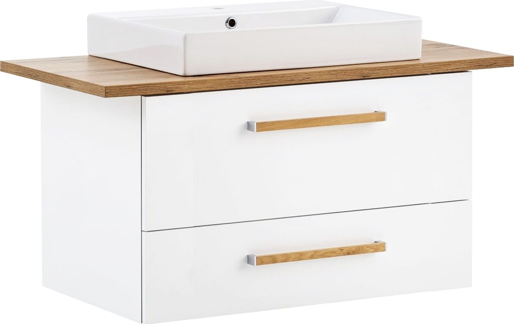 Waschtisch 102cm Unterschrank inkl. Keramikbecken DABO-04 in kreide weiß mit Landhaus-Eiche, B/H/T: 102,2/61,5/50 cm