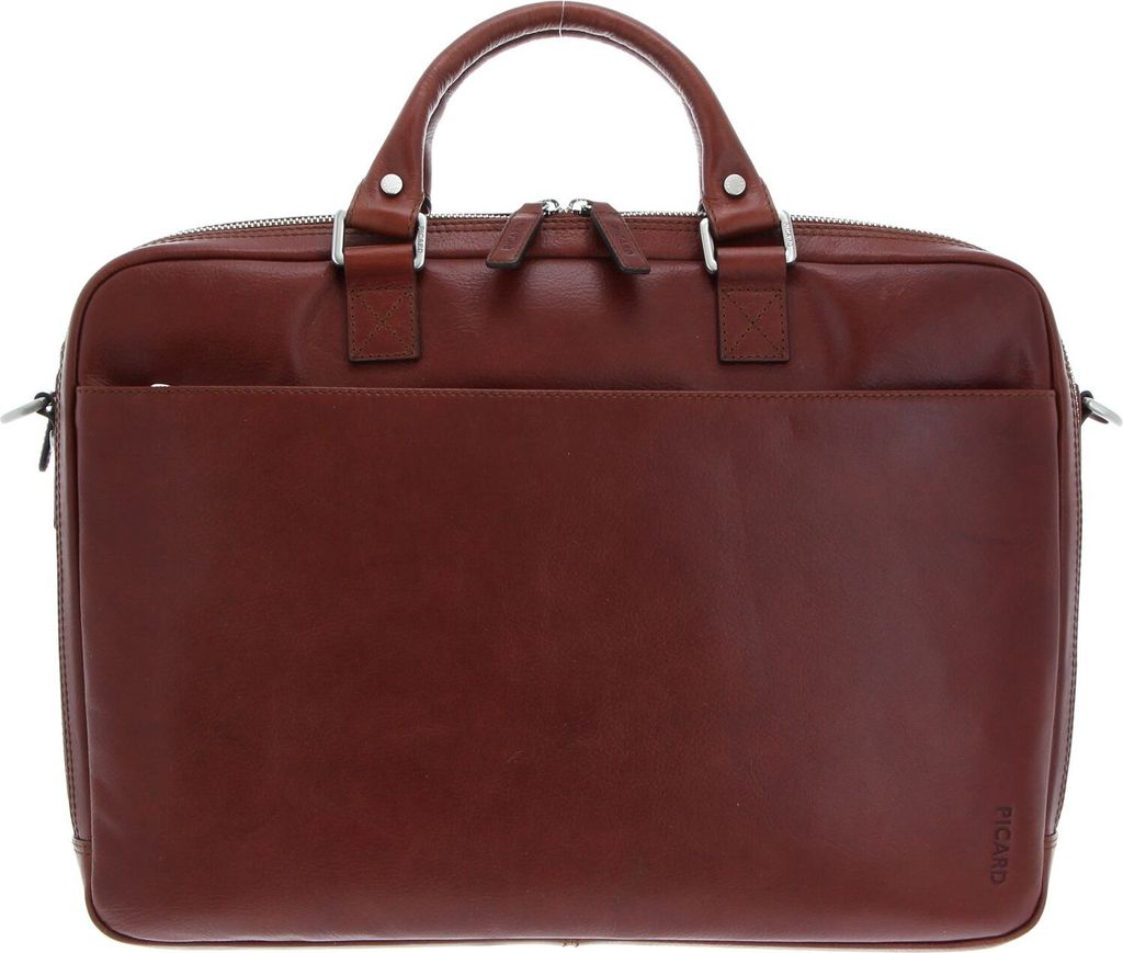 A brown leather briefcase is shown against a white background.