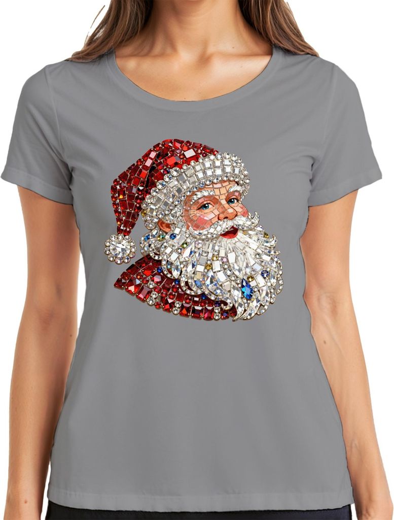 Weihnachtsmann Juwelen Mosaik Vintage Weihnachten Glitzer Damen T-Shirt, Grau, S