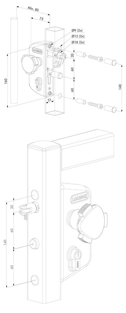 Locinox LAKZ P1 Schloss für quadratische Profile 40x40 mm mit Knauf, schwarz