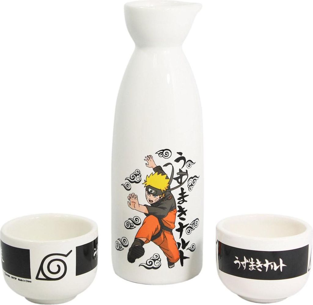 A white sake set with Naruto characters and Japanese writing.