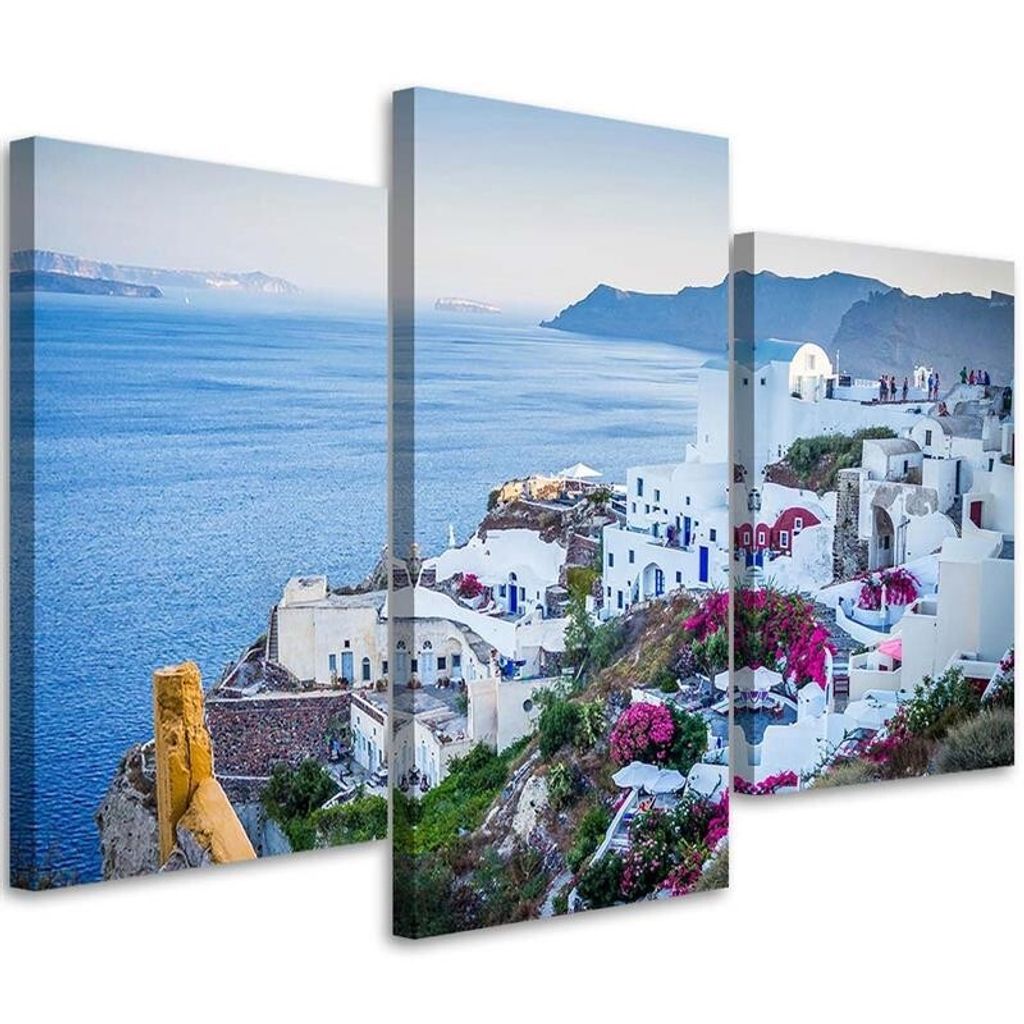 Triptychon auf leinwand das sonnige santorin im frühling 150x100 cm Feeby blau wandbild bereit zum aufhängen