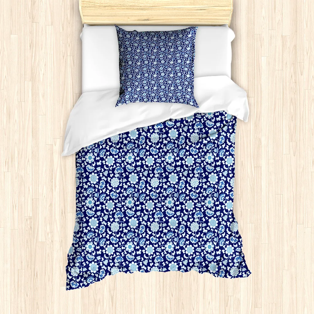 ABAKUHAUS Set copripiumino per letto singolo, motivo porcellana cinese, antiacaro, adatto a chi soffre di allergie, con federa, 135 cm x 200 cm - 80 x 80 cm, blu cobalto blu notte