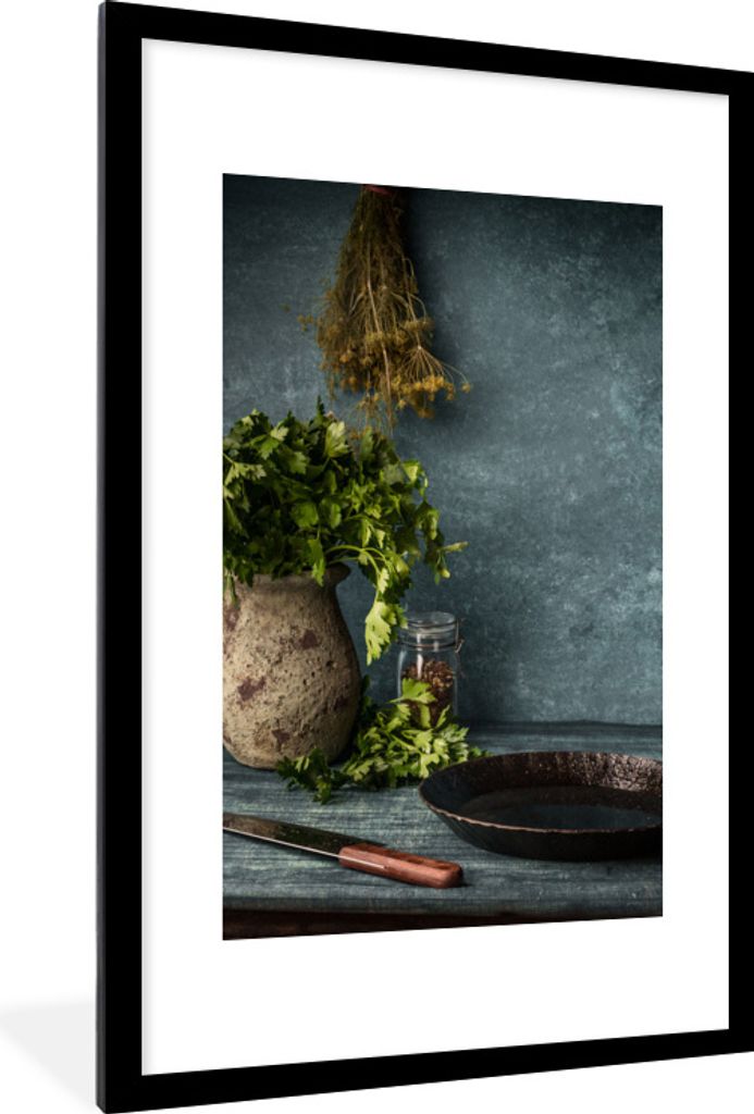 MuchoWow Gerahmtes Poster Kräuter - Gewürze - Pfanne - Messer - Grau - Rustikal 60x90 cm - Poster mit Schwarzem Bilderrahmen Wandposter Rahmen ...
