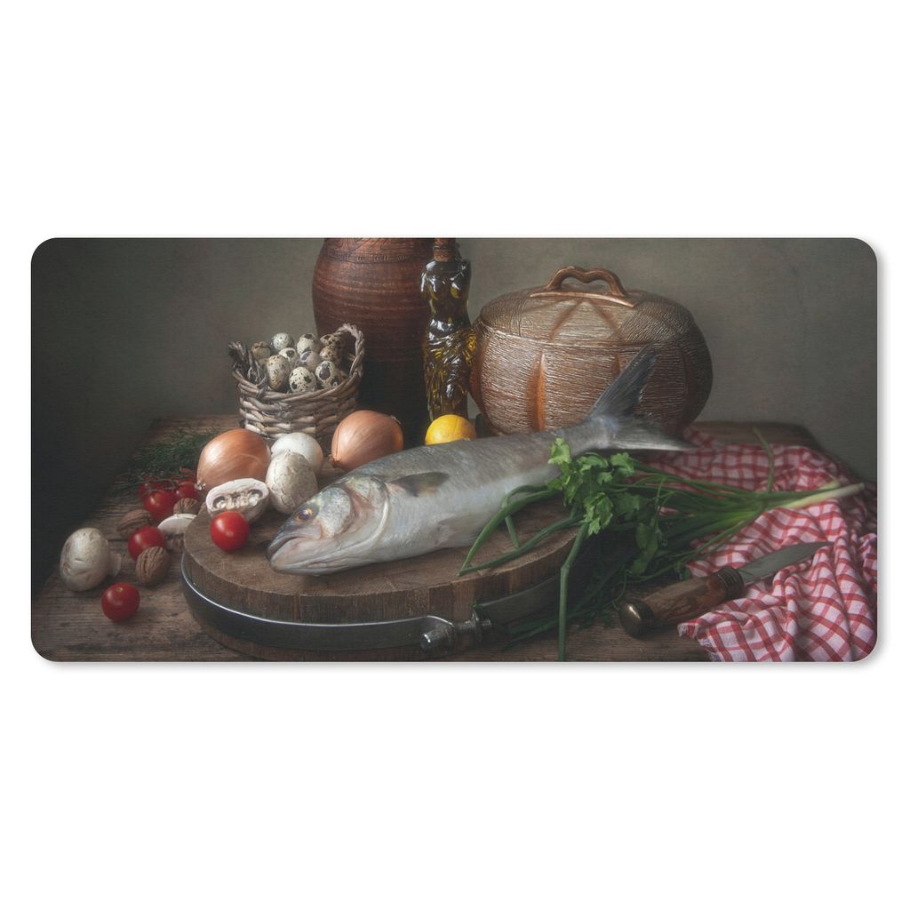 MuchoWow Mauspad Mousepad Rustikal - Fisch - Stilleben - Gemüse - Kräuter 60x30 cm - Mousepads - Maus Mat - Pad - Mausunterlage - Nachhaltig