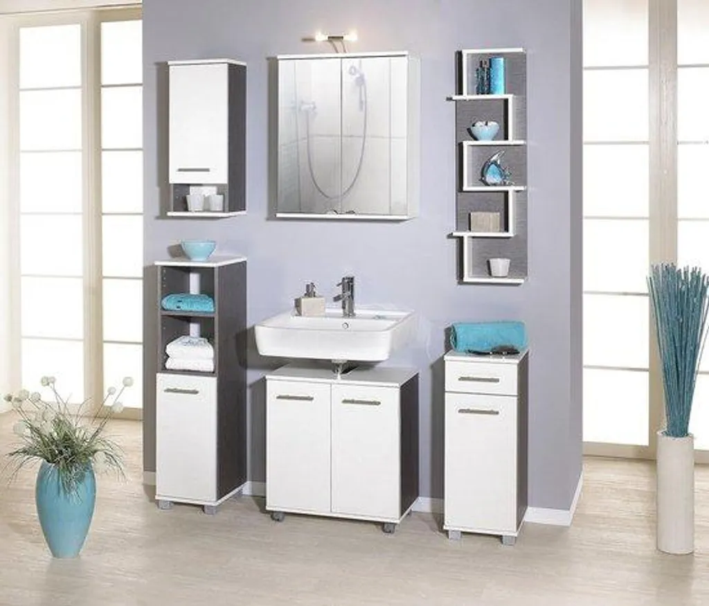 Armoire de salle de bain grise 110 cm en mélaminé - Rangement vertical