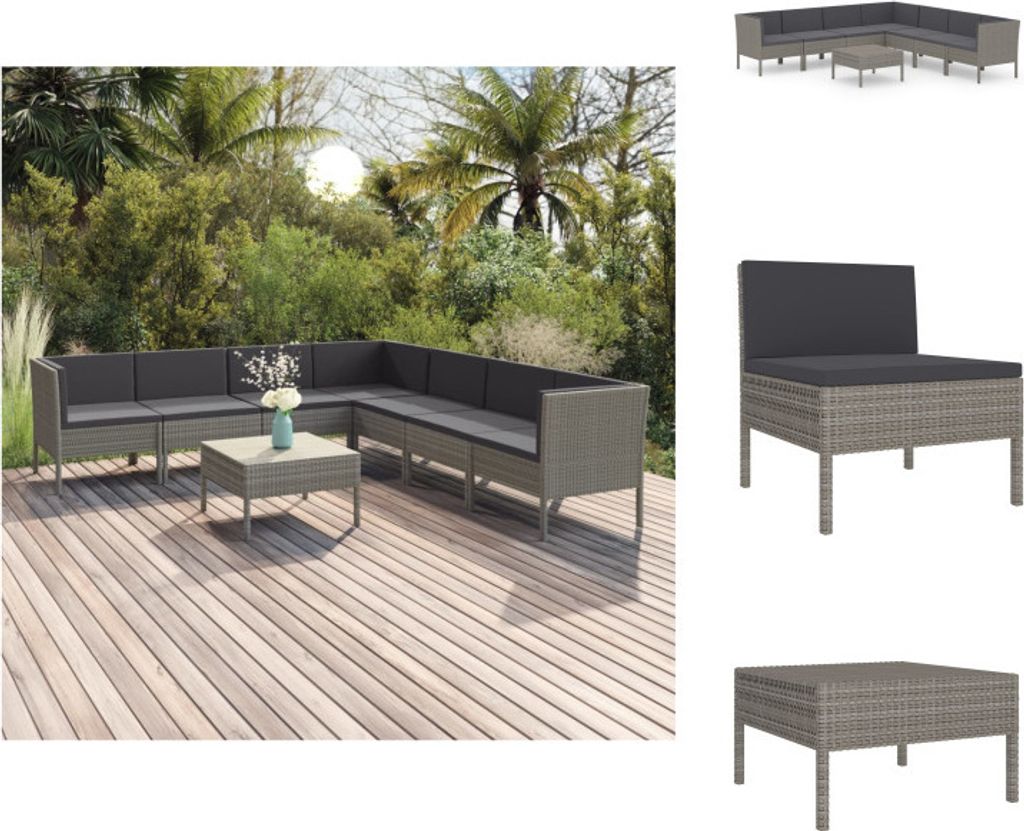 vidaXL 8-tlg. Garten-Lounge-Set mit Auflagen Poly Rattan Grau - Gartenmöbel-Sets
