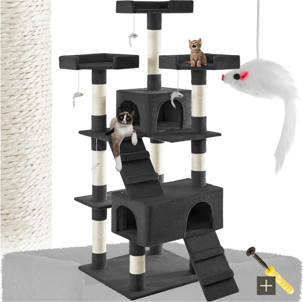A multi-level cat tree with scratching posts, platforms, and enclosed spaces, featuring two cats and a toy mouse.