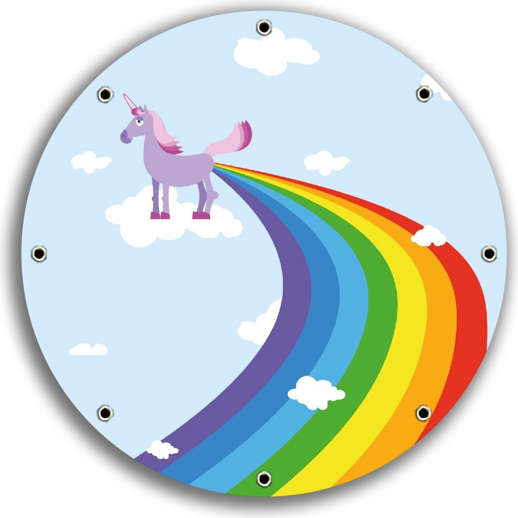 Wallario rundes Outdoor-Poster für Garten oder Balkon, Motiv Einhorn mit Regenbogen aus dem Hintern, 30 cm Durchmesser