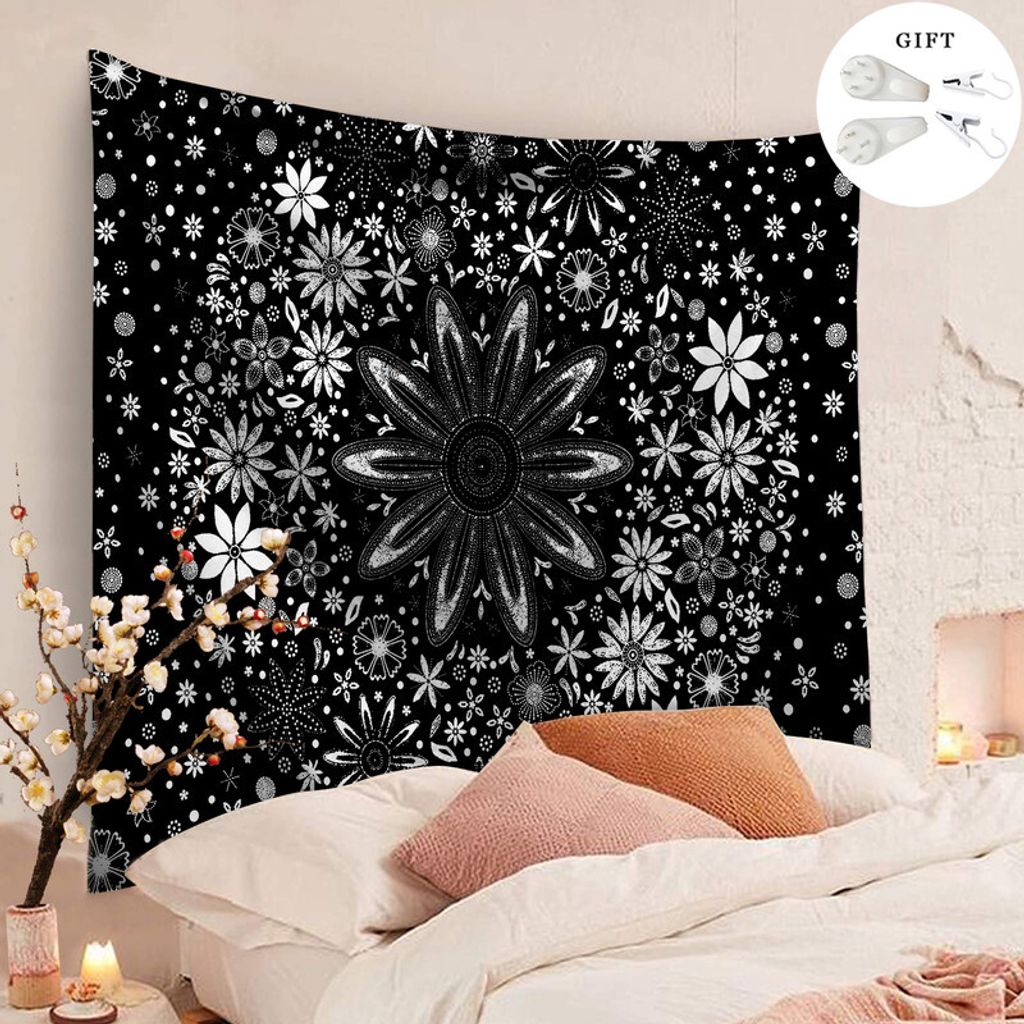 Tapestry Wall Hanging Bohemian, Zodight Mandala Floral Medallion Hippie Tapestry with White Aesthetic Wreath Design,Schwarz/150X130CM