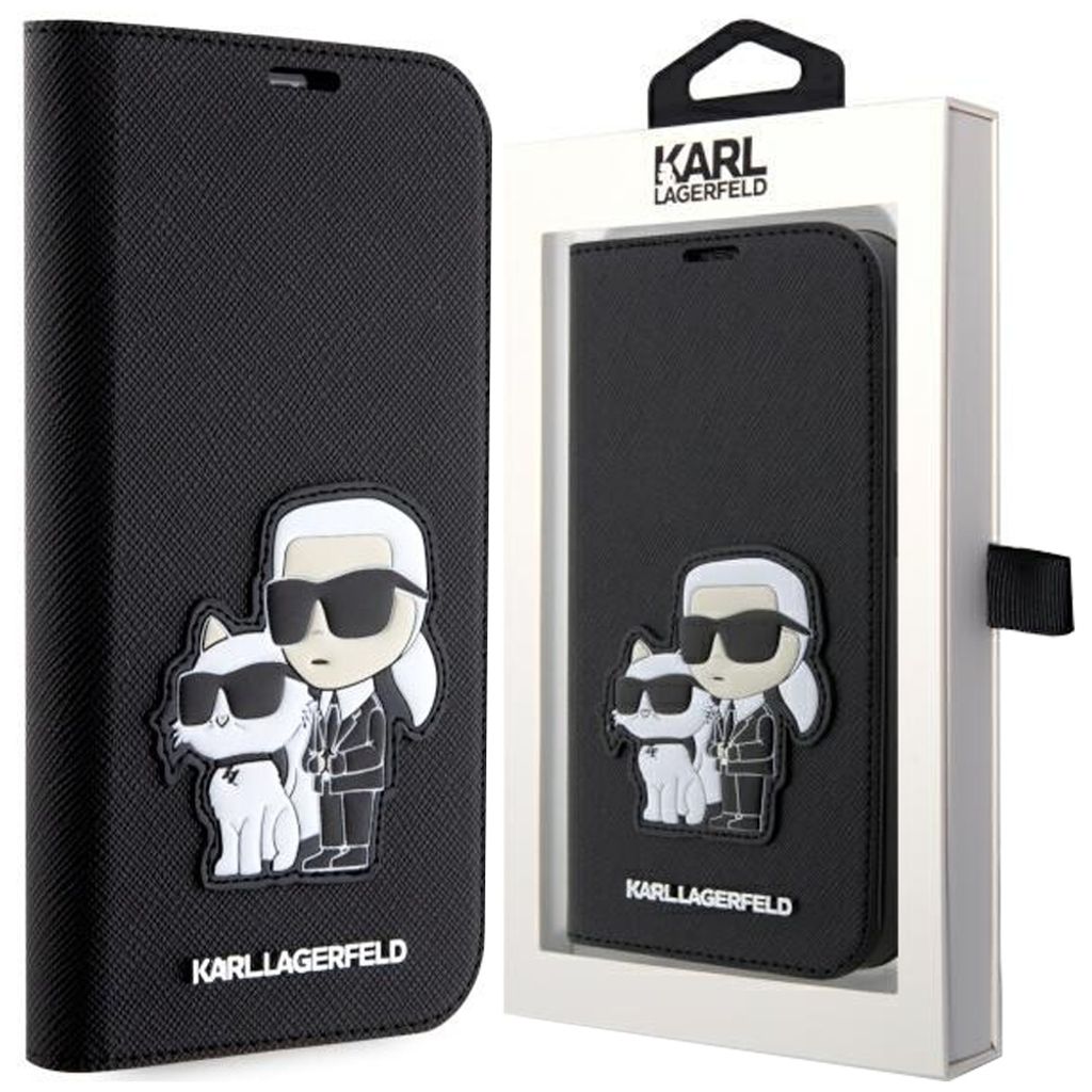 A black Karl Lagerfeld phone case with a Karl and Choupette design, shown in its packaging.
