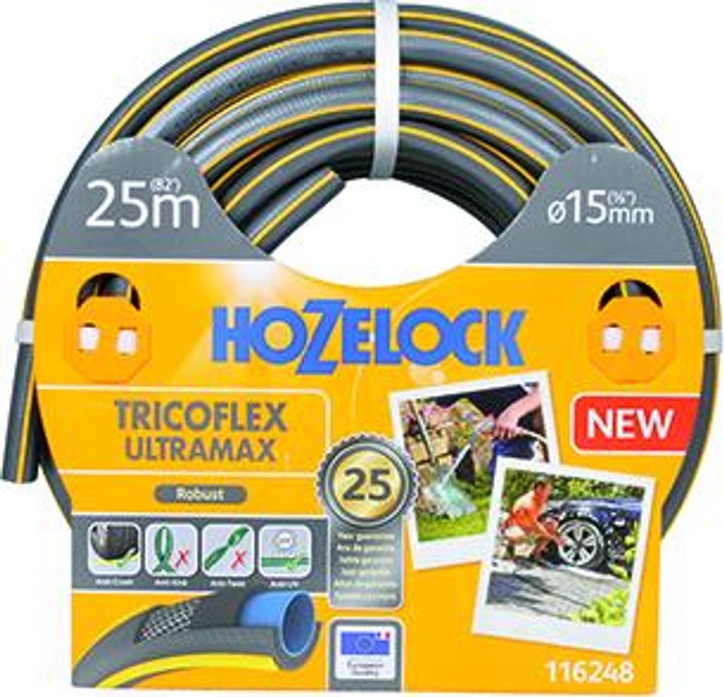 Bewässerungsschlauch ø15mm x 25m Tricoflex Ultramax Hozelock, 5-lagig, robust und torsionsicher, grau mit Überdickungen