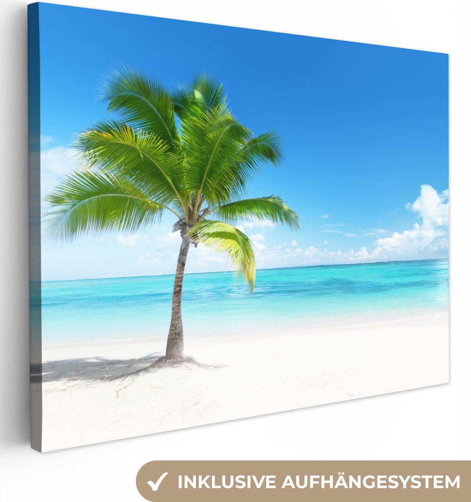 MuchoWow - Leinwandbilder - Palme - Strand - Meer - Sommer, Wandbild, Wanddeko Bilder Wohnzimmer, 120x90 cm