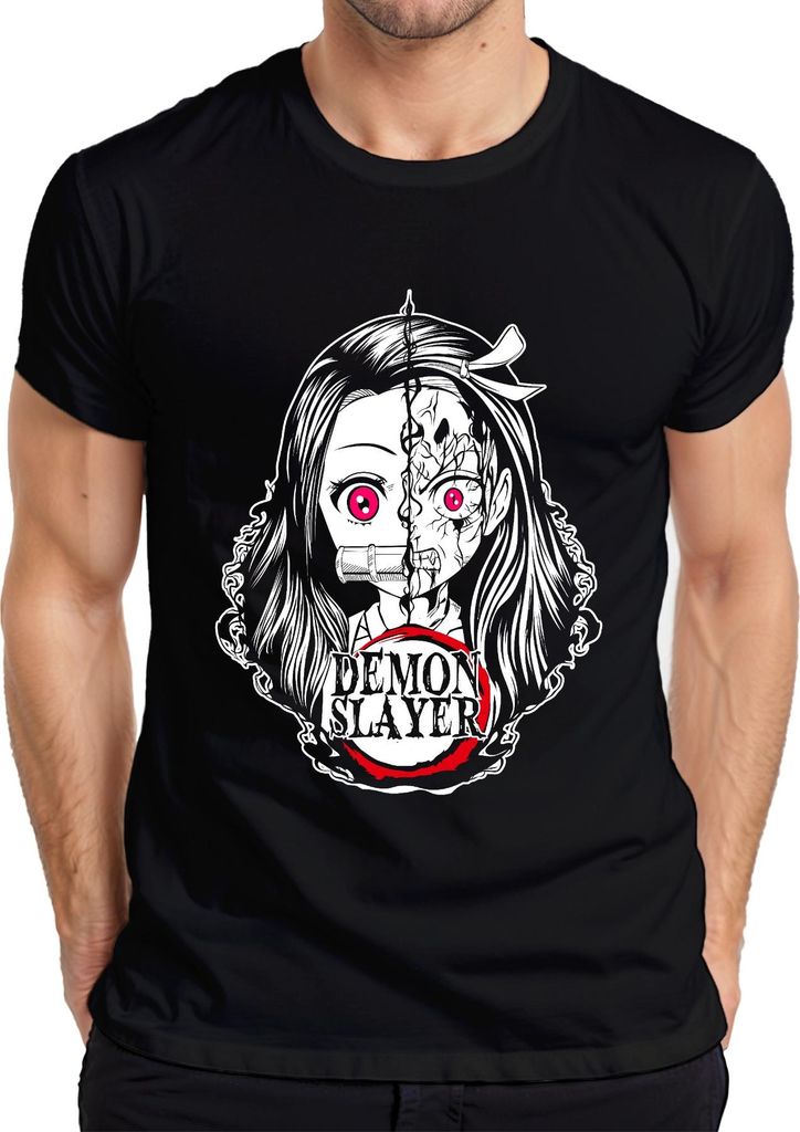 Demon Slayer Nezuko gespaltenes Gesicht Anime Horror Pink Augen Herren T-Shirt, Schwarz, 3XL