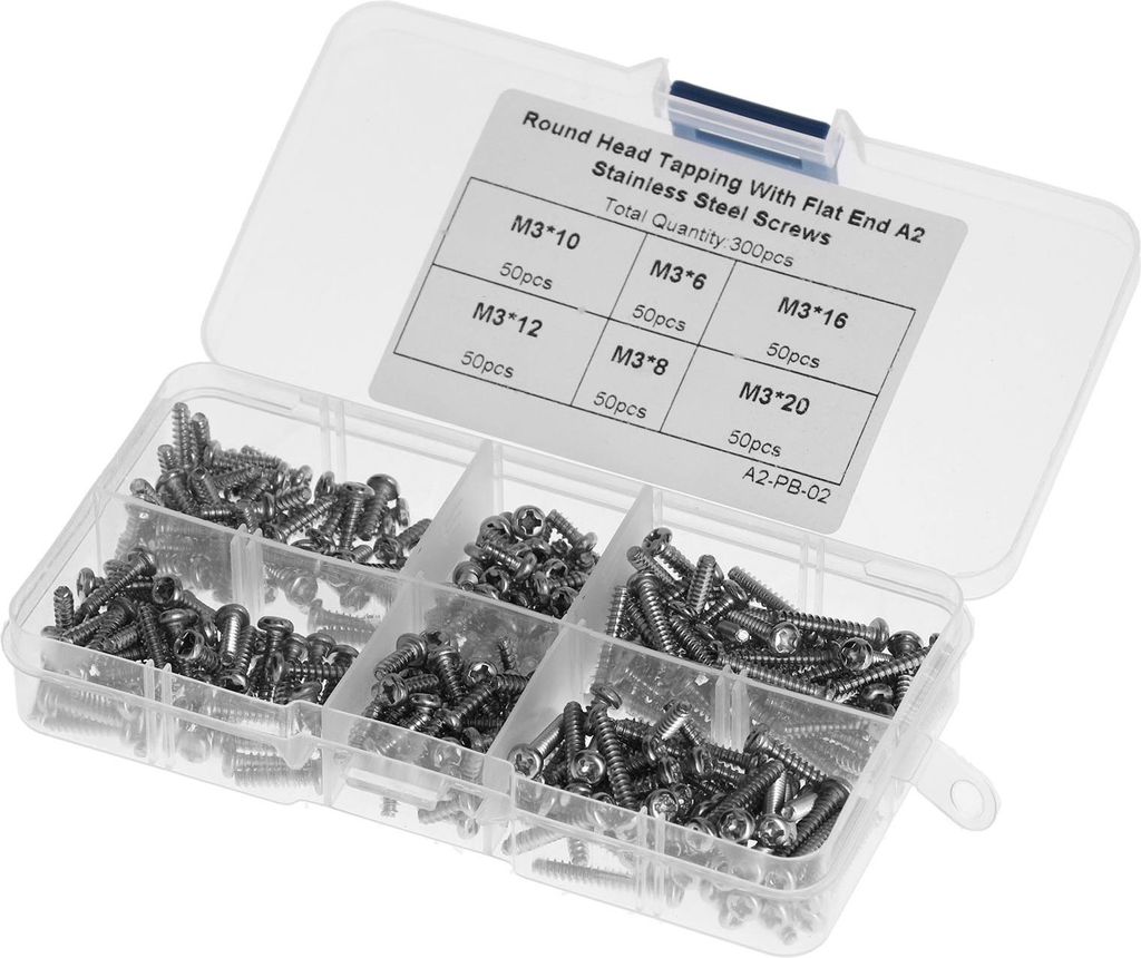 300-teiliges M3-Schraubensortiment, selbstschneidende Kreuzschlitzschrauben aus Edelstahl 304 mit flachem Kopf