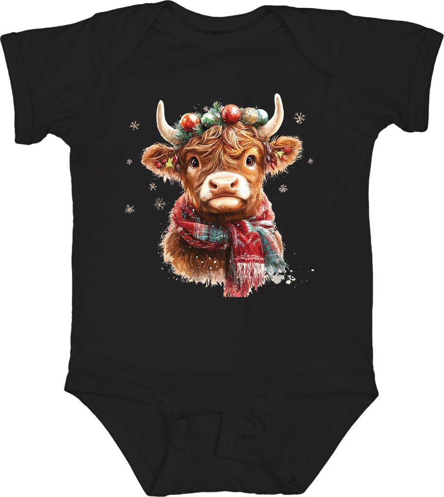 Weihnachten Niedliche Highland Kuh Schneeflocken Vintage Geschenk Unisex Baby Body, Schwarz, 12/18