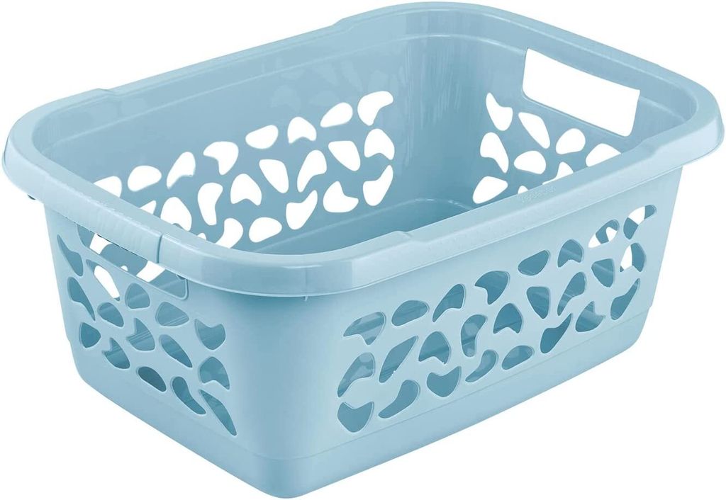 A light blue laundry basket with cut-out patterns on a white background.