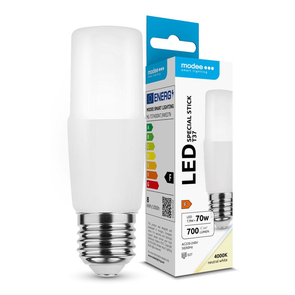 Modee E27 LED-Lampe 7,9 W - 700 lm - 4000 K - Neutralweiß - LED-Stablampe T37 - Ersetzt 70-W-Halogenlampe