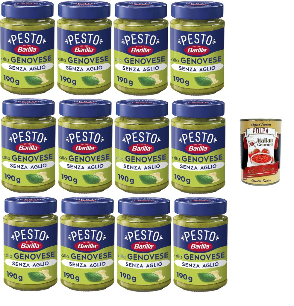 Barilla Pesto alla Genovese SENZA AGLIO 12×190 g – Basilikum-Pesto ohne Knoblauch, cremig & servierfertig, ideal zu Pasta/Bruschetta – Origina...