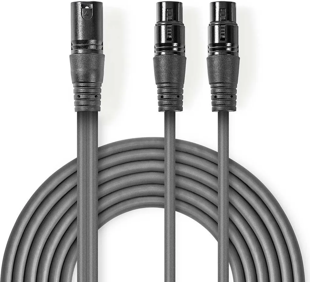 Cavo audio bilanciato | XLR 3 pin maschio | 2x XLR 3 pin femmina | Nichelato | 1,50 m | Rotondo | PVC | Grigio scuro | Custodia in cartone