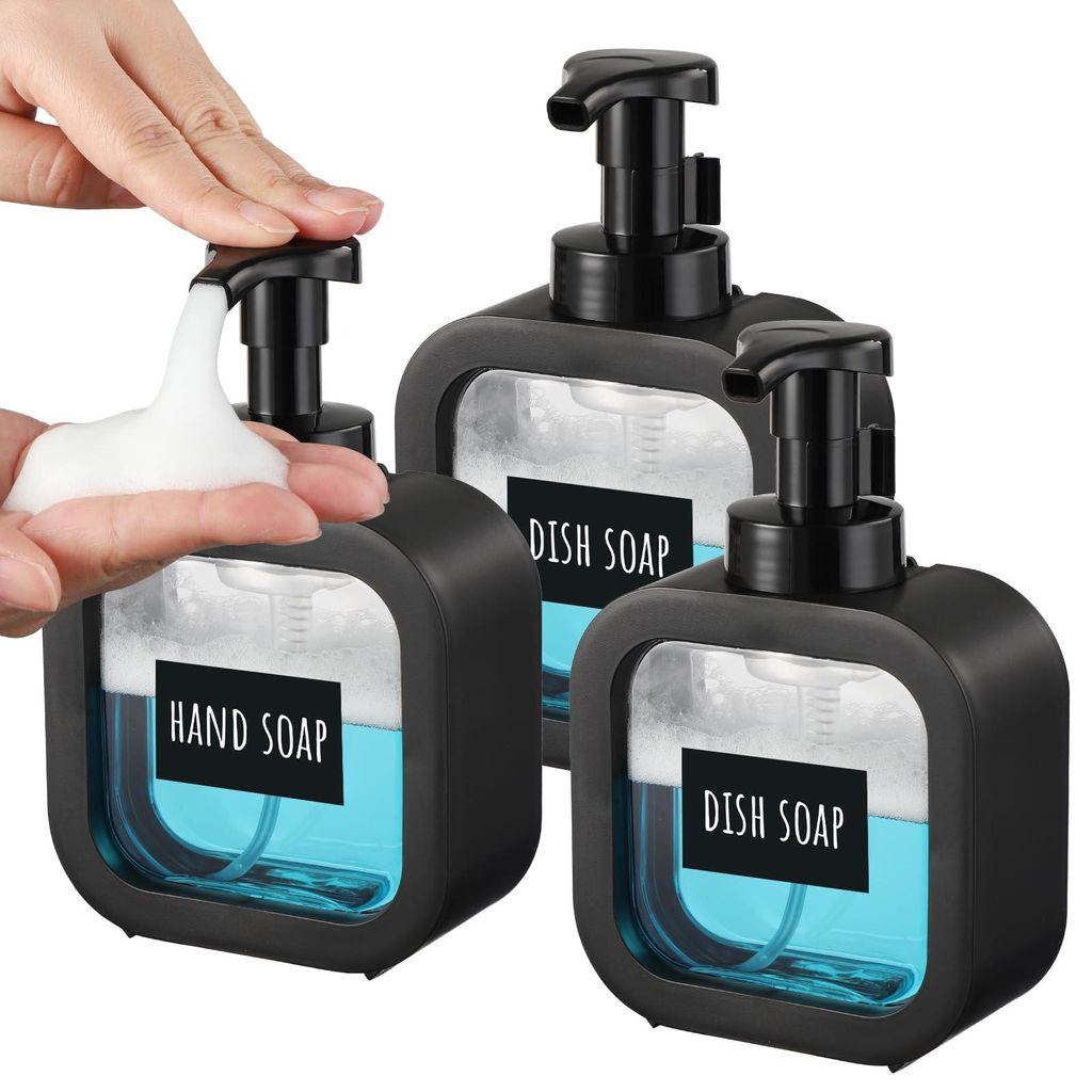 Schaumseifenspender, 3-teiliges 300-ml-Seifenspender-Set, schwarz, Kunststoff-Schaumspender, Duschgelspender mit Etiketten, moderner Seifenspender